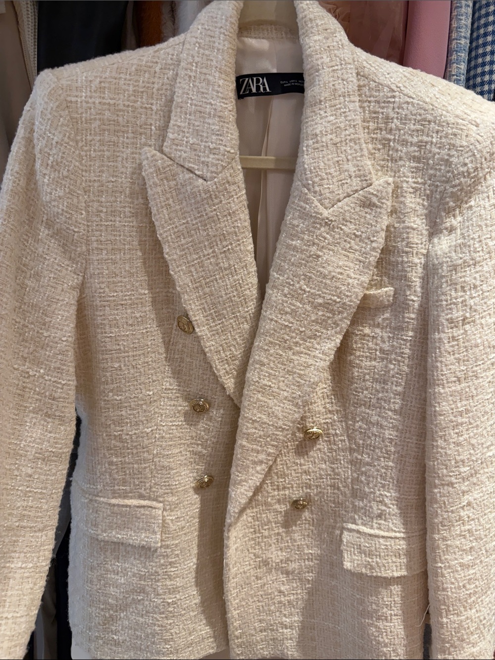 Zara Cream Tweed Double-Breasted Bouclé Blazer